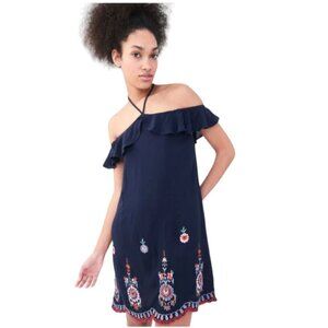 Aeropostale Floral Embroidered Halter Dress Ruffle Neck Gauze Boho Navy Size S